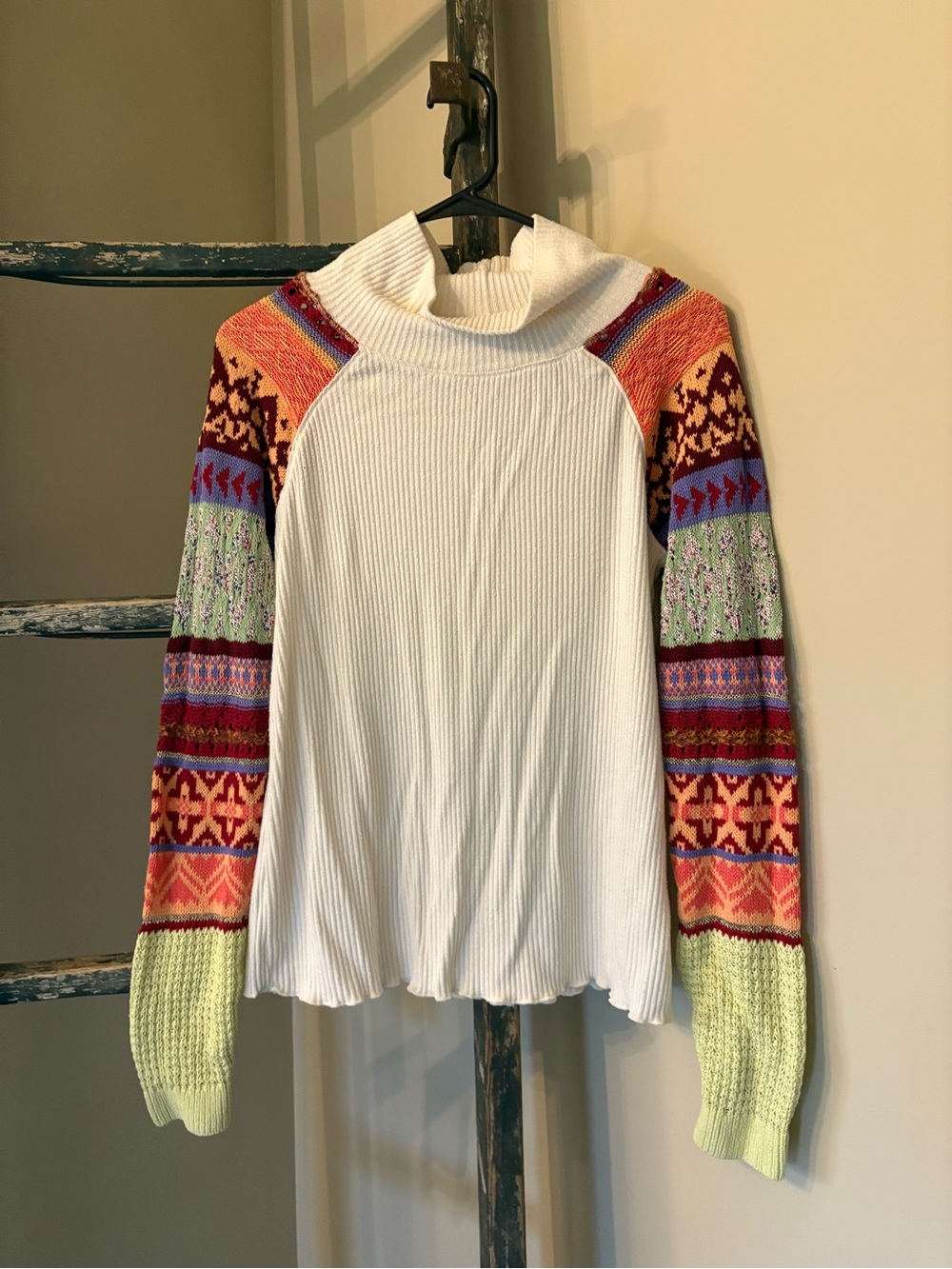 Free People Cream Ribbed Turtleneck with Colorful Patterned Sleeves
